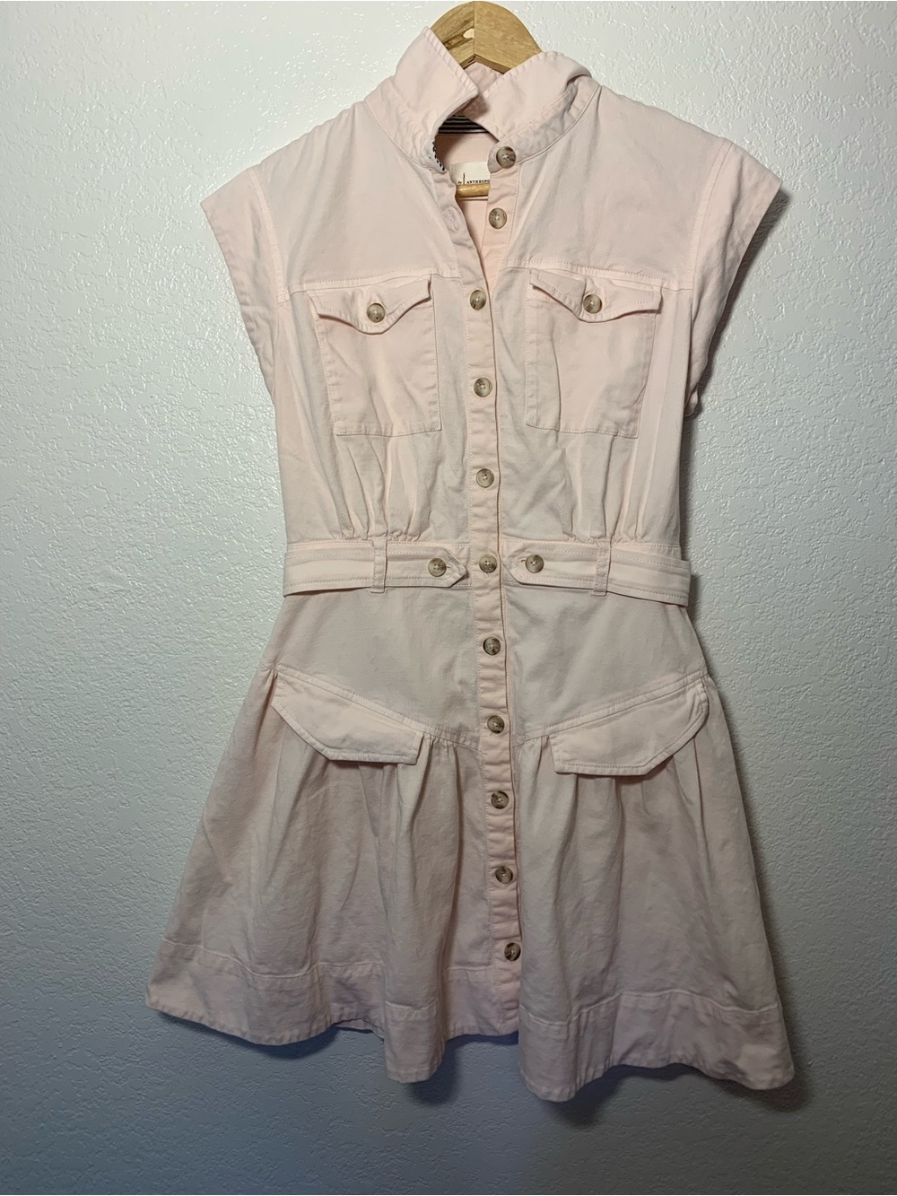 By Anthropologie Sleeveless Light Pink Button Waist Tie Mini Dress Utility | 6